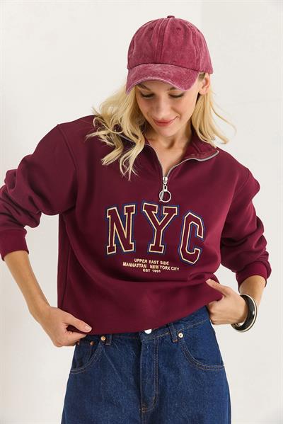 Nyc Nakışlı Fermuar Detaylı Dik Yaka Oversize Sweatshirt Bordo