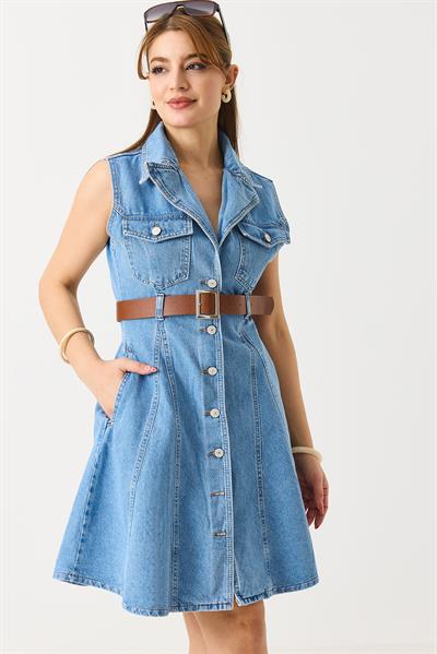 Kemerli Önden Düğmeli Kolsuz Denim Elbise Mavi