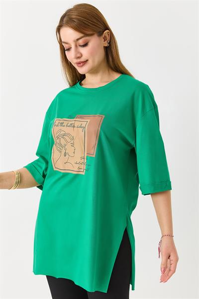 Kadın Figürlü Baskılı Bisiklet Yaka Tshirt Yeşil