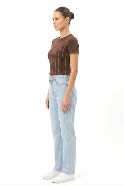 Kadın Taş Detaylı Kısa Kol Crop Bluz Kahverengi