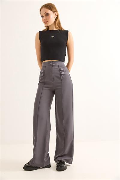 Düğme Detaylı Yüksel Bel Bol Paça Pantolon Füme