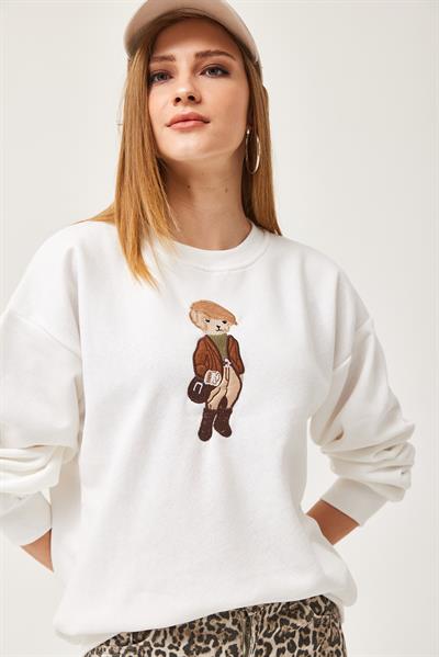 Oversize Nakışlı Sweatshirt Beyaz