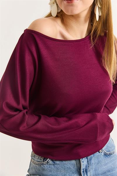 Kadın Beli Bantlı Yarasa Yumuşak Dokulu Bluz Bordo