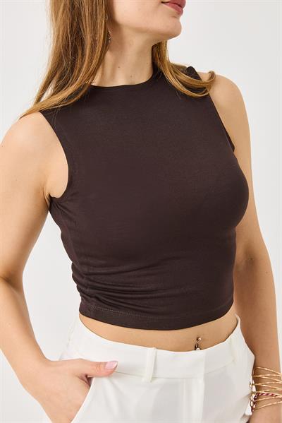 Full Transparan Kaşmir Askılı Crop Bluz Kahverengi