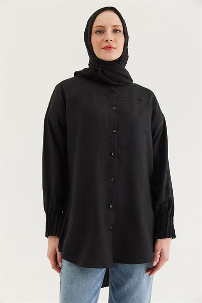 Keten Kumaş Kol Nervül Detaylı Gömlek Tunik Siyah