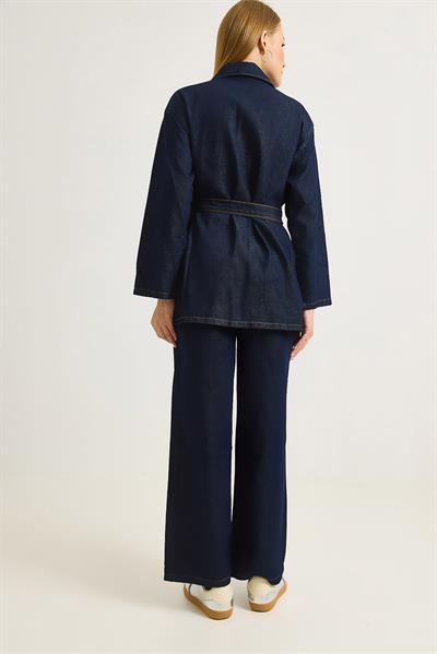 Kadın Kuşaklı  Kot Ceket ve Pantalon Takım Lacivert