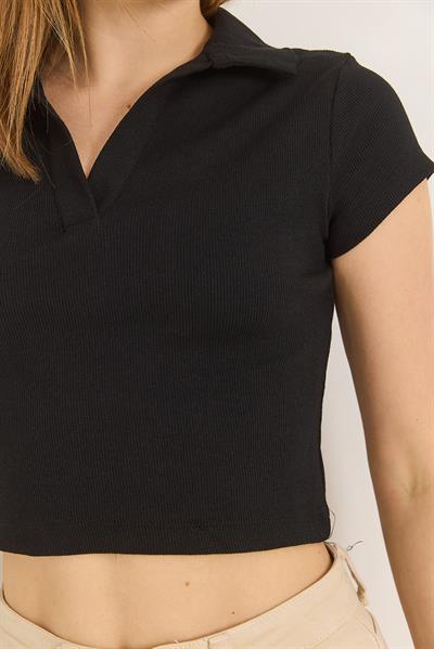 Polo Yaka Basıc Kısa Kollu Örme Kaşkorse Crop Bluz .Siyah