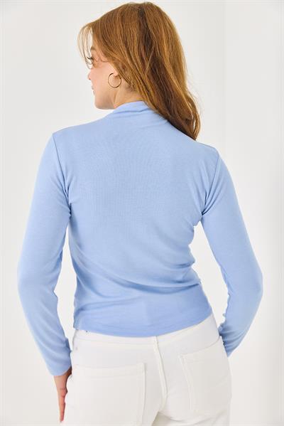 Boğazlı Kaşmir Transparan Uzun Kollu Bluz Mavi