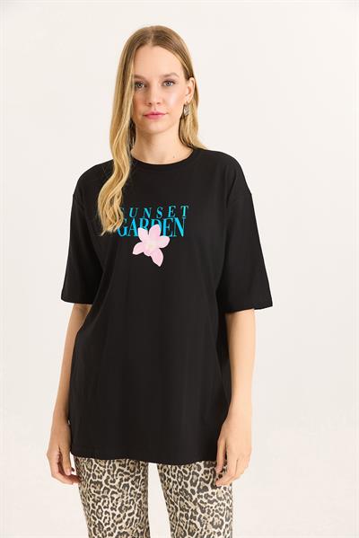 Ön Arka Baskılı Bisiklet Yaka Tshirt Siyah