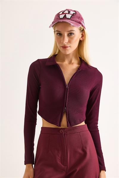 Kadın Polo Yaka Fermuarlı  Fitilli Kaşkorse Crop Bordo