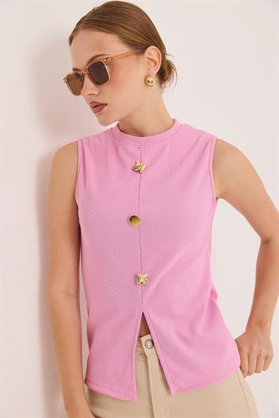 Bisiklet Yaka Gold Düğmeli Ottoman Fitilli Bluz Pembe