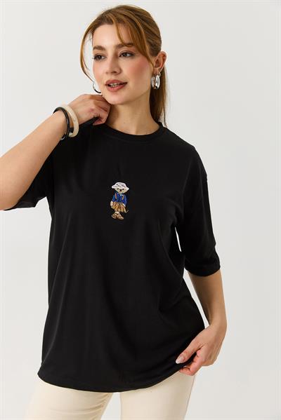 Kadın Ayıcık Figürlü Bisiklet Yaka Oversize Tshirt Siyah