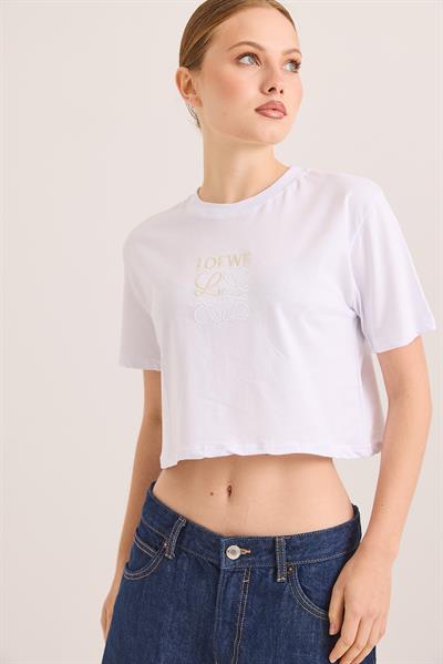 Nakışlı Örme Pamuk Crop Tshirt Beyaz