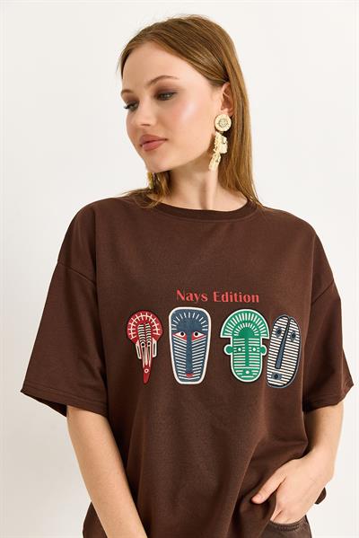 Baskılı Oversize Tshirt Kahverengi