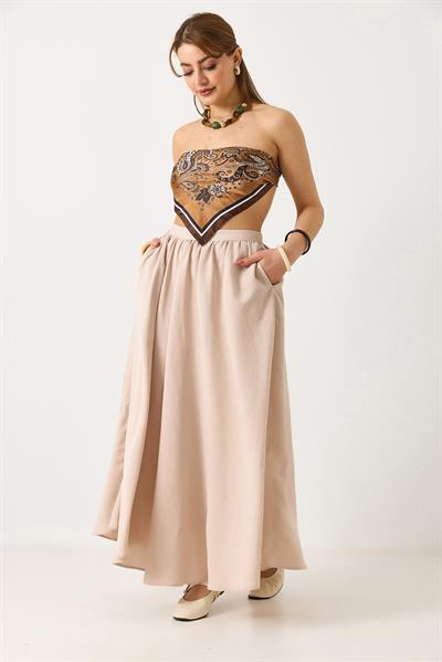 Kadın Yandan Fermuarlı Cepli Uzun Etek Bej 