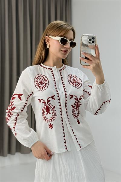 Kadın Keten Pamuk Etnik Desen İşlemeli Gömlek Beyaz