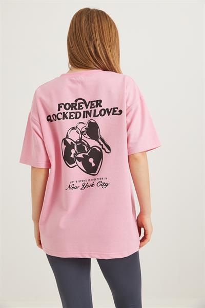 Baskılı Oversize İki İplik Tshirt Pembe