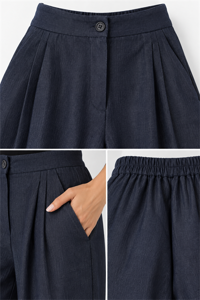 Kadın Denim Görünümlü Fermuarlı Yelek & Palazzo Pantolon İkili Takım Lacivert
