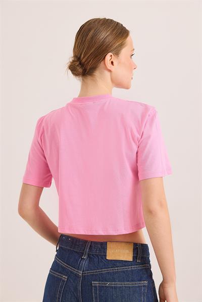 Baskılı Kısa Kol Pamuk Crop Tshirt Pembe