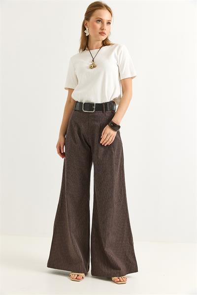 Keten Karışımlı Palazzo Pantolon Kahve