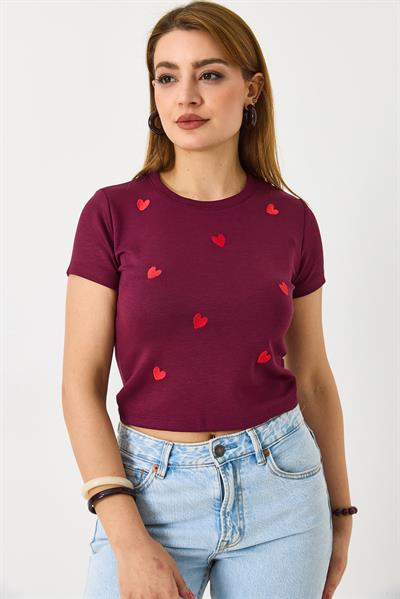 Kadın Kısa Kollu Kırmızı Kalp Baskılı Bordo