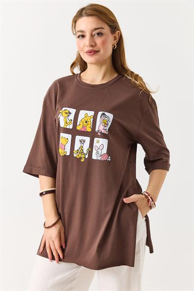 Kadın Yanı Yırtmaçlı Oversize Basic Tshirt Kahverengi