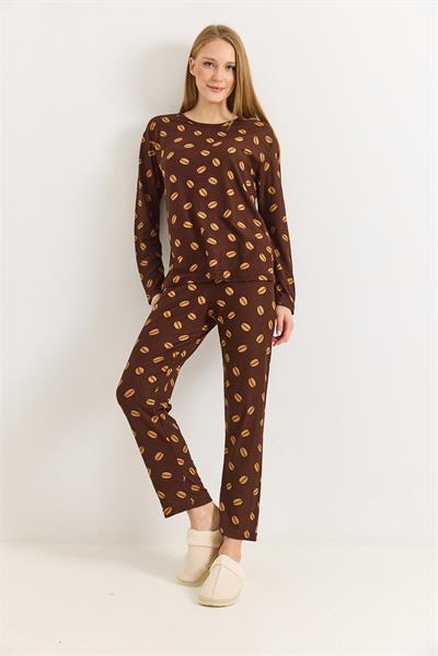 Kadın Kahverengi Biskilet Yaka Baskılı Pijama Takımı
