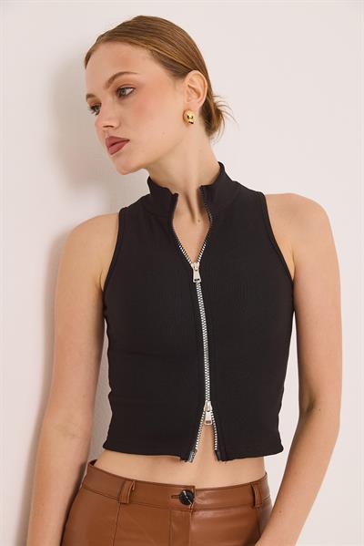 Fermuar Detaylı Fitilli Şık Örme Bluz Siyah