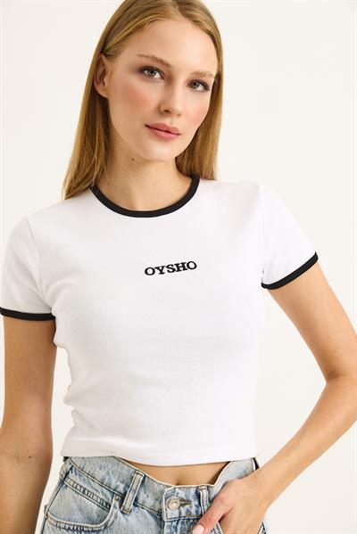 Bisiklet Yaka Nakışlı Crop Tshirt Beyaz