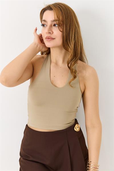 Kadın Boyundan Askılı  Crop Bluz Vizon