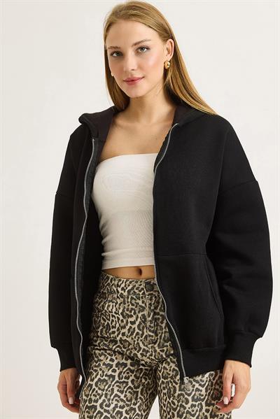 Kadın Oversize Kapüşonlu Fermuarlı Hırka Siyah