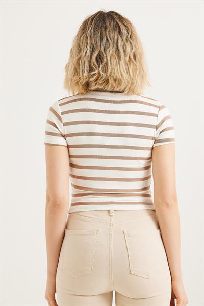 Polo Yaka Çizgili Crop Bluz Vizon