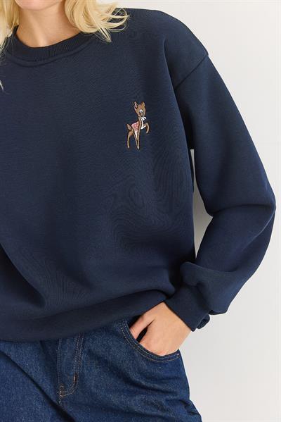 Kadın Geyik Nakışlı Üç İplik Şardonlu Sweatsirt Lacivert