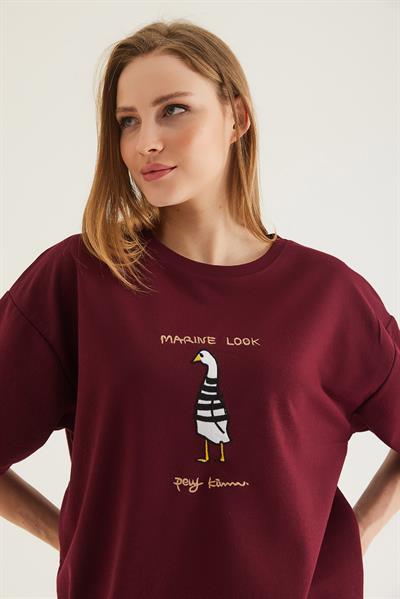 Bisiklet Yaka Oversize Baskılı Tshirt Bordo