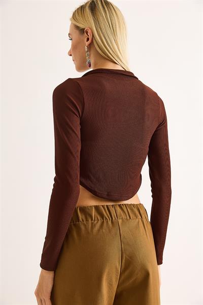 Kadın Polo Yaka Fermuarlı  Fitilli Kaşkorse Crop Kahverengi