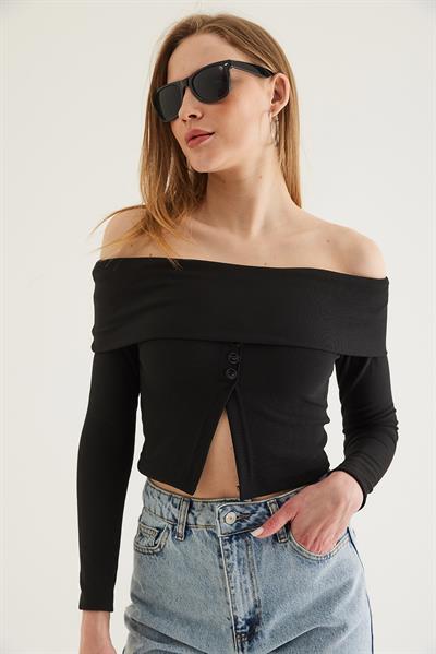 Kayık Yaka Yırtmaçlı Bluz Siyah