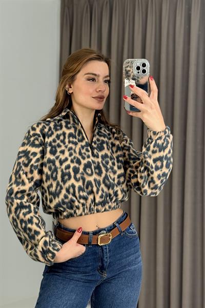 Leopar Desen Yarım Fermuarlı Polar Sweatshirt