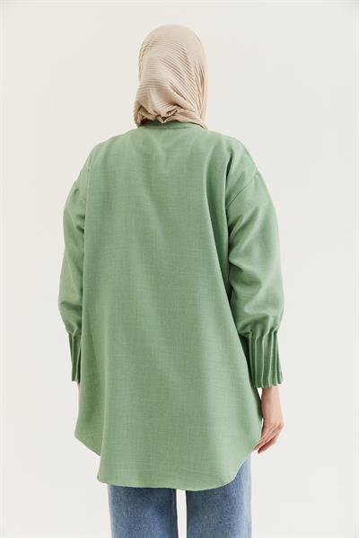Keten Kumaş Kol Nervül Detaylı Gömlek Tunik Yeşil