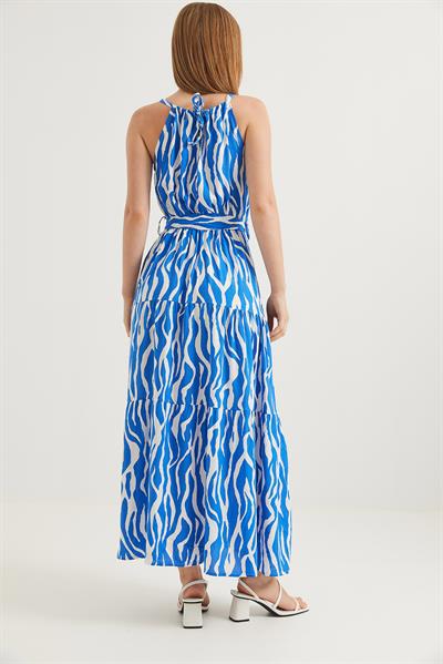 Zebra Halter Yaka Kuşaklı Elbise Mavi