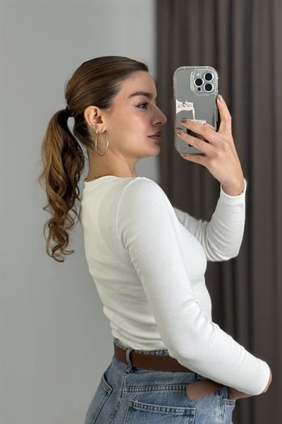 Kadın Uzun Kollu Kaşkorse Yazı Baskılı Crop Bluz Ekru