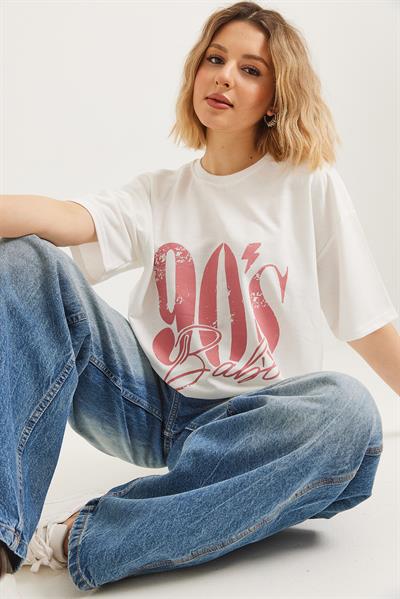 Bisiklet Yaka Kısa Kollu Tshirt Beyaz