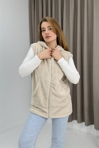 Kadın Kapüşonlu Kanguru Cepli Welsoft Sweat Bej