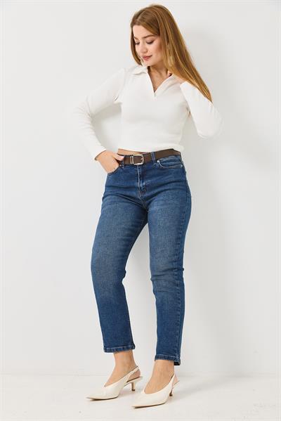 Kadın Mom Kemerli Kot Pantolon  Lacivert