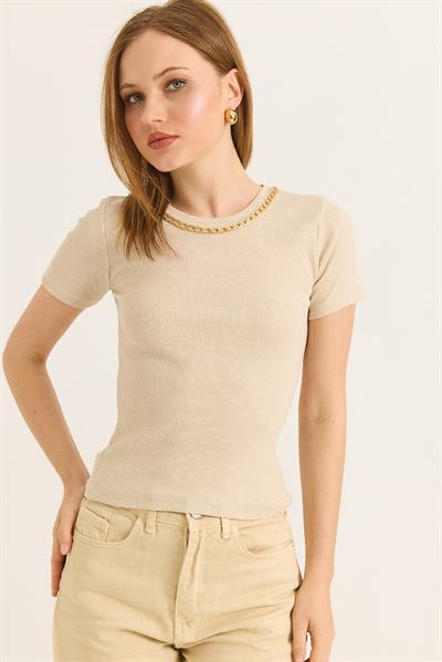 Bisiklet Yaka Zincir Detaylı Kaşkorse Bluz Vizon