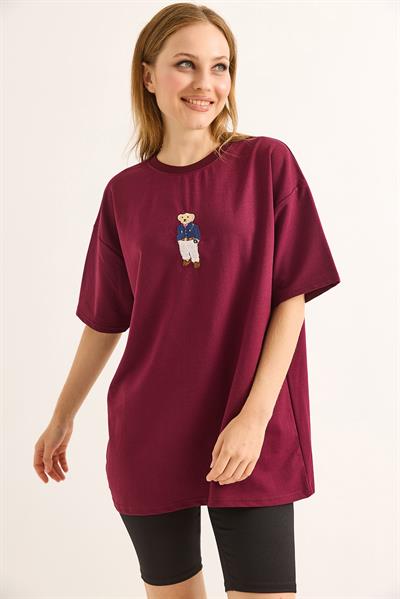 Rahat Kalıp Baskılı Kadın Tshirt Bordo