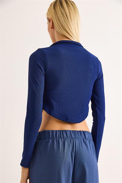 Kadın Polo Yaka Fermuarlı  Fitilli Kaşkorse Crop Lacivert