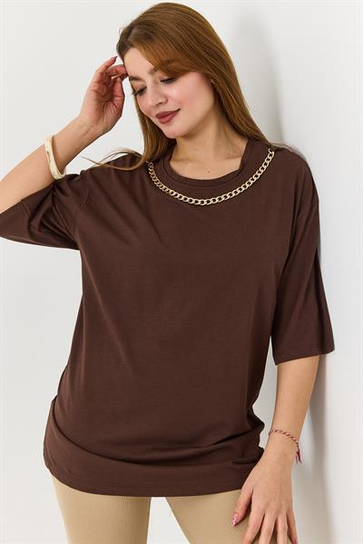 Kadın Yakası Gold Zincirli Bisiklet Yaka Tshirt Kahverengi
