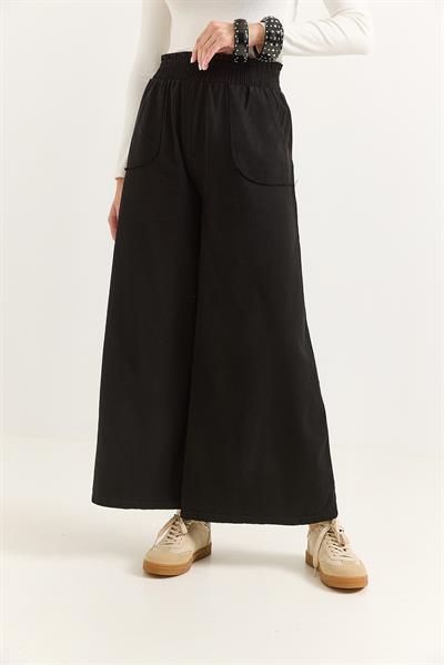 Kadın Pantalon Geniş Paça Cepleri Dikiş Detaylı  Pantalon Siyah