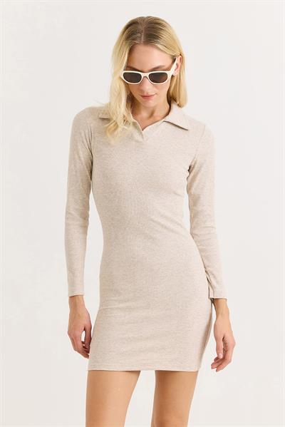 Kadın Polo Yaka Mini Elbise Krem