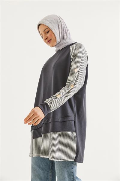 Kolu Ve Eteği Gömlek Garnili Tunik  Gri